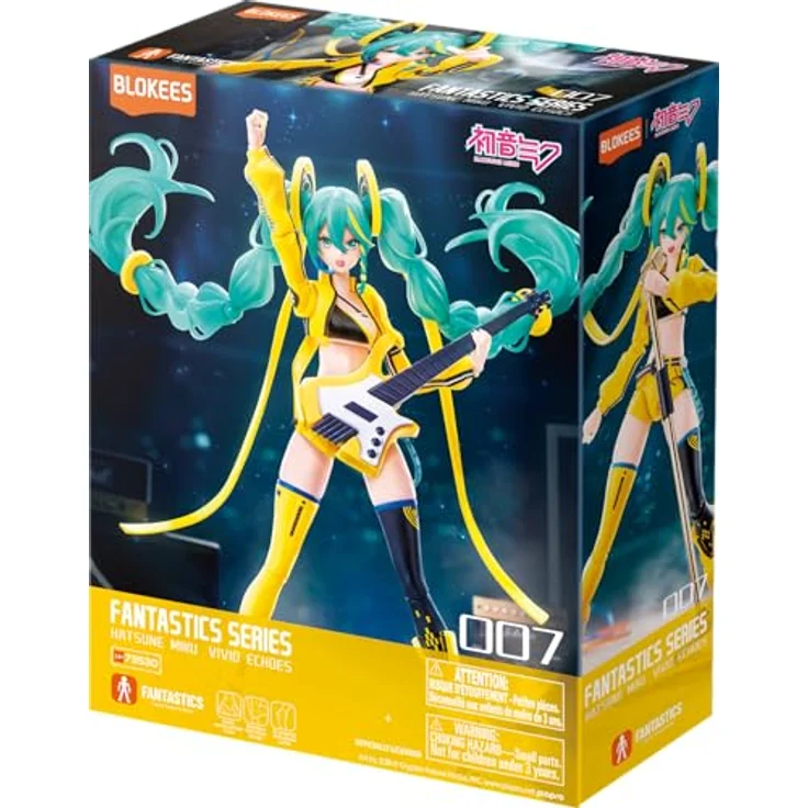 BLOKEES Vocaloid Fantastics Series Hatsune Miku Vivid Echoes Modellbausatz, Sammelfigur mit Mikrofonständer, türkises Haar, gelbes Outfit – Bild 2