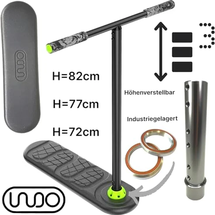 Indo Pro Fusion Vario Trampolin Stunt-Scooter, 3-fach höhenverstellbar (72-82cm), grau eloxiert, mit High-Rebound-Schaumstoff-Deck und 360° drehbarem Lenker – Bild 2