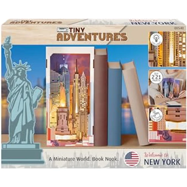 Revell Tiny Adventures Book Nook Mini-Diorama New York, LED-beleuchtet, 18 cm, hochwertiges Holz, einfach zu montieren – Bild 2