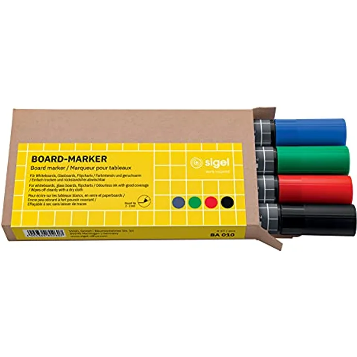 SIGEL BA010 Board-Marker - trocken und feucht abwischbar - schwarz, blau, rot, grün - Rundspitze 2-3 mm - 4 Stück - für weiße Glas-Magnettafeln, Whiteboards und Flipcharts