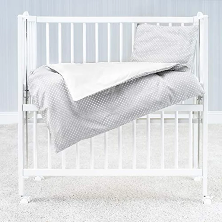Fillikid Babybettwäsche - Deckenbezug 80x80 cm, Kissenbezug 35x40 cm - 100% Baumwolle - Kinder Bettwäsche Set mit Hoteleinschlag, OekoTex geprüft - Grau Weiß Punkte – Bild 5