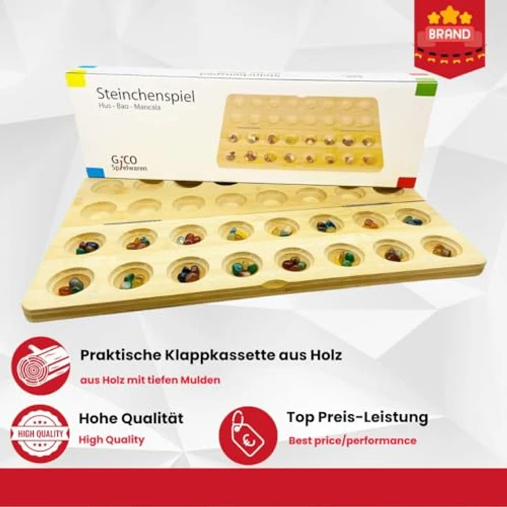 GICO Steinchenspiel Hus Bao Mancala groß aus Holz mit Edelsteinen - Strategiespiel für Jung und Alt, hochwertige Klappkassette, 64 Edelsteine - 7953 – Bild 2