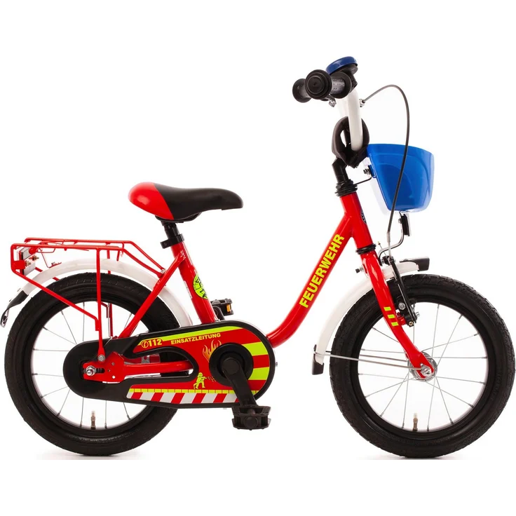 Bachtenkirch Kinderfahrrad 14" Feuerwehr, 1 Gang, rot mit weißen Applikationen und gelben Designaufklebern