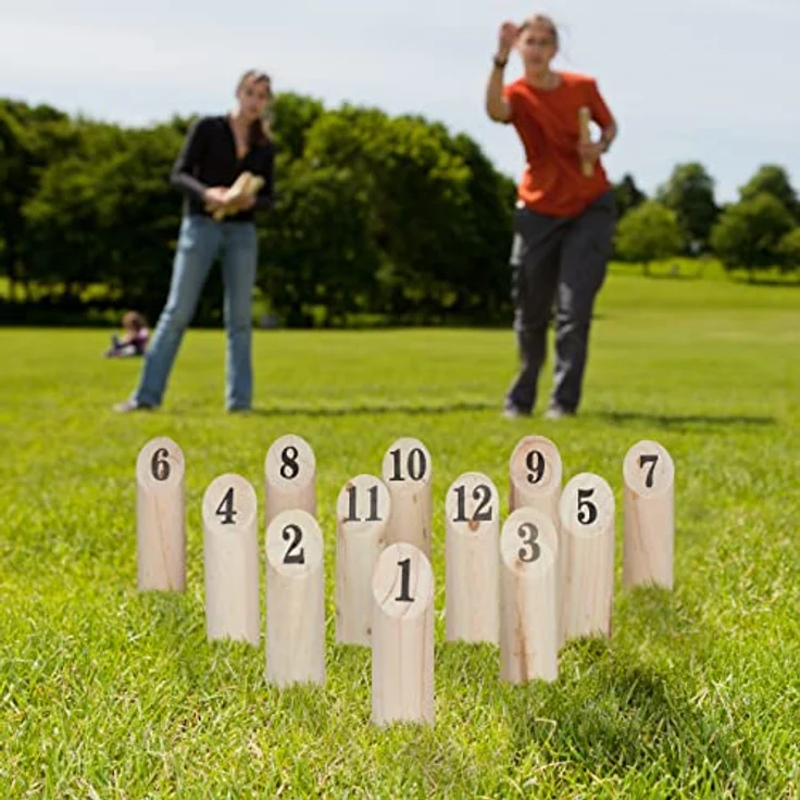 Relaxdays Kubb, Finnisches Wurfspiel mit Transportbox, für Erwachsene & Kinder, aus naturbelassenem Kiefernholz, 12 nummerierte Kegel – Bild 3