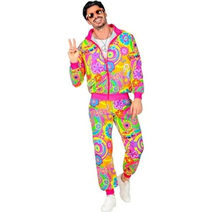 W WIDMANN MILANO Party Fashion - Kostüm Trainingsanzug Peace & Love Hippie Neon 80er Jahre Outfit, Größe S – Bild 2