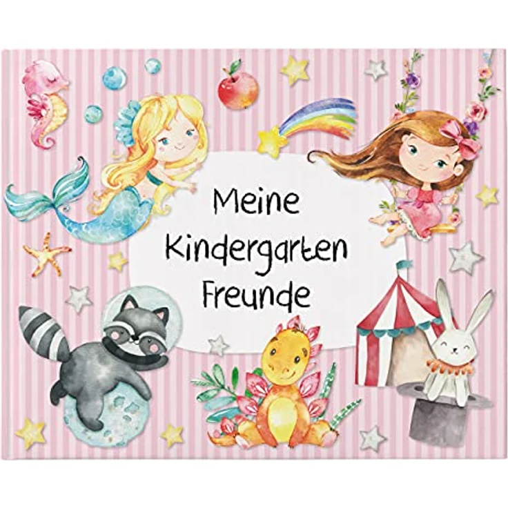 Papierdrachen Hochwertiges Freundebuch für Kinder - Kindergartenfreunde - Rosa - Poesiealbum mit Meerjungfrau, Prinzessin & Dinos - für 27 Freunde - buntes kindgerechtes Design – Bild 2