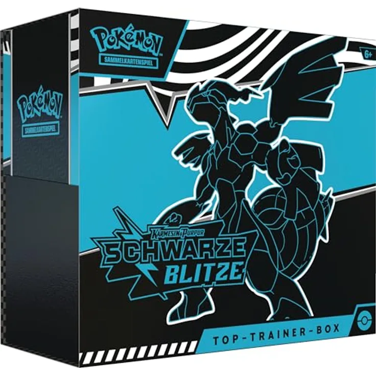 Pokémon Top-Trainer-Box Karmesin & Purpur – Schwarze Blitze: Zekrom, 1 Vollbild-Promokarte mit Voltolos, 9 Boosterpacks & Premium-Zubehör
