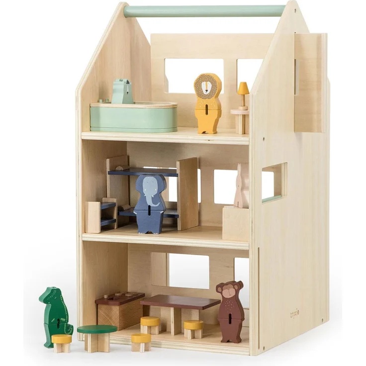 Trixie Baby Spielhaus, 3-stöckiges Puppenhaus mit 13 Möbelstücken, 6 Spielfiguren und verstellbarer Trennwand