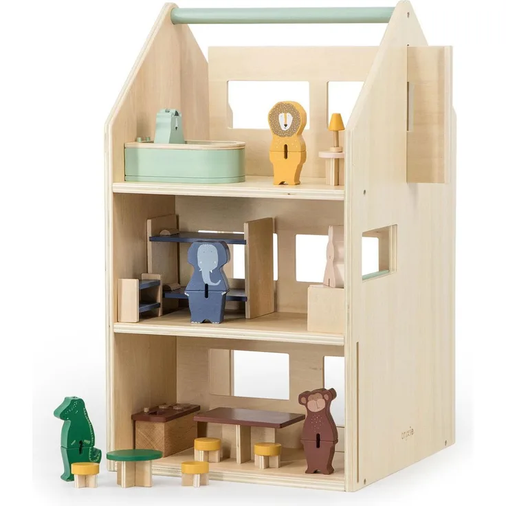 Trixie Baby Spielhaus, 3-stöckiges Puppenhaus mit 13 Möbelstücken, 6 Spielfiguren und verstellbarer Trennwand