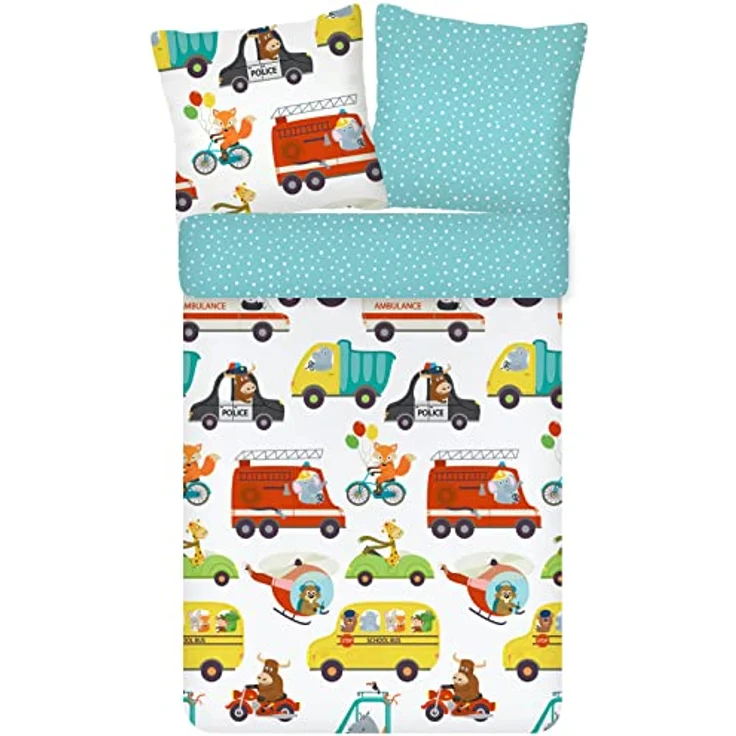 ESPiCO Bettwäsche Trendy Bedding Verkehr Polizei Feuerwehr Schulbus Helikopter Motorrad Cabrio Tiere Renforcé, 135x200 cm, 100% Baumwolle, Kids-Motive, Wendeoptik, weiß gepunktete Abseite – Bild 1
