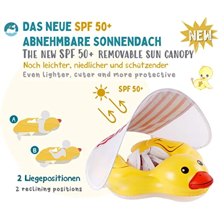 EDWEKIN® Einzigartiger Baby Schwimmtrainer mit abnehmbarem Sonnendach, Ente Schwimmring Baby, Baby Schwimmhilfe mit Sonnenschutz, Schwimmreifen für Babys, Kleinkinder, S (QuackiPlus S) – Bild 4
