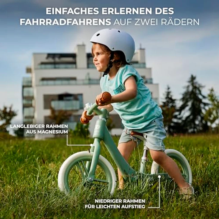 Kinderkraft Laufrad FLY PLUS 2, Lernlaufrad mit höhenverstellbarem Sattel, 12 Zoll Rädern, Magnesiumrahmen und Klingel, ab 2 Jahre, Retro Design, Blau – Bild 3