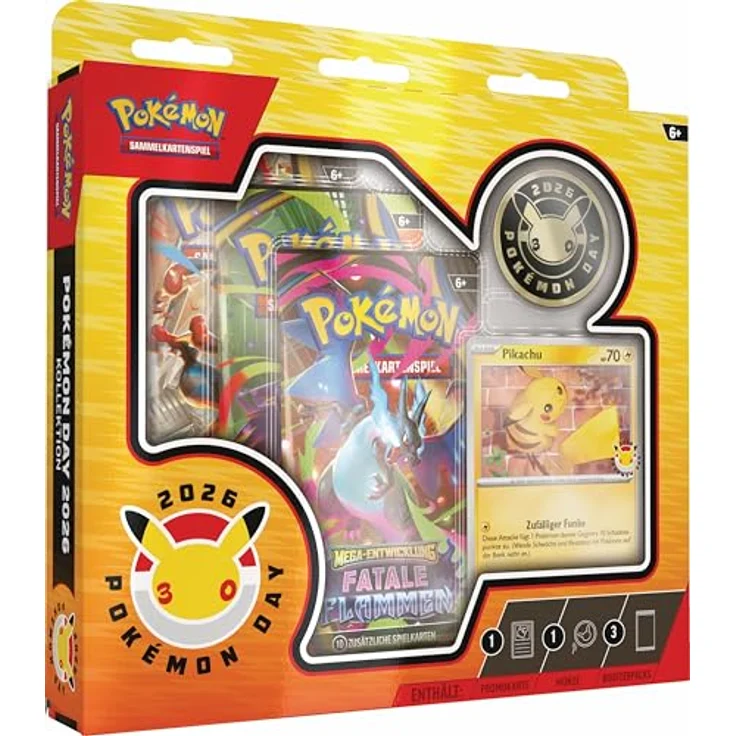 Pokémon Pokémon-Sammelkartenspiel: Kollektion Pokémon Day 2026 mit holografischer Pikachu-Promokarte, 30. Jahrestags-Münze und 3 Boosterpacks – Bild 1