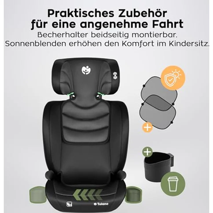 Tulano Joy 20, Kindersitz schwarz-grau, i-Size Zulassung, 13-fache Höhenverstellung, umwandelbar, mit Getränkehalter und Sonnenblenden – Bild 2
