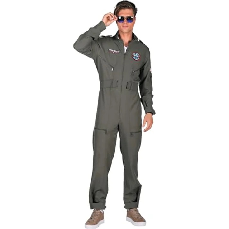 Thetru Herren Kostüm Top Pilot Overall, grüner Karneval Fasching mit authentischen Patches, Gr. XXL – Bild 3