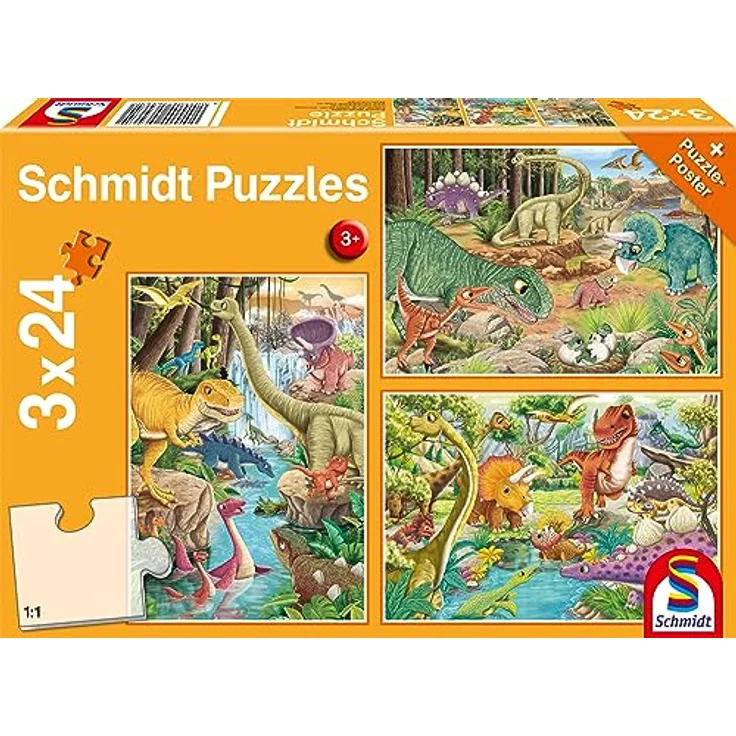 Schmidt Spiele 56465 Spaß mit den Dinosauriern, 3 mal 24 Teile Kinderpuzzle, Puzzlemaße: 26,3 x 17,8 cm, ab 3 Jahren – Bild 1