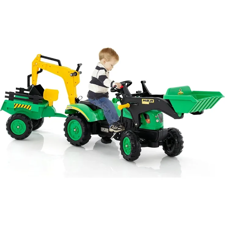 Dreamade Trettraktor Kindertraktor mit Anhänger Schaufel Frontlader Kinderbagger Sitzbagger Hupe Rechen für Kinder ab 3 Jahren (Grün)
