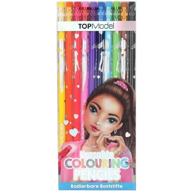 Depesche 12219 TOPModel - Radierbare Buntstifte, 10 Stifte in 10 leuchtenden Farben mit Radiertopper, ideal zum Malen und für die Schule in praktischem Kunststoffetui
