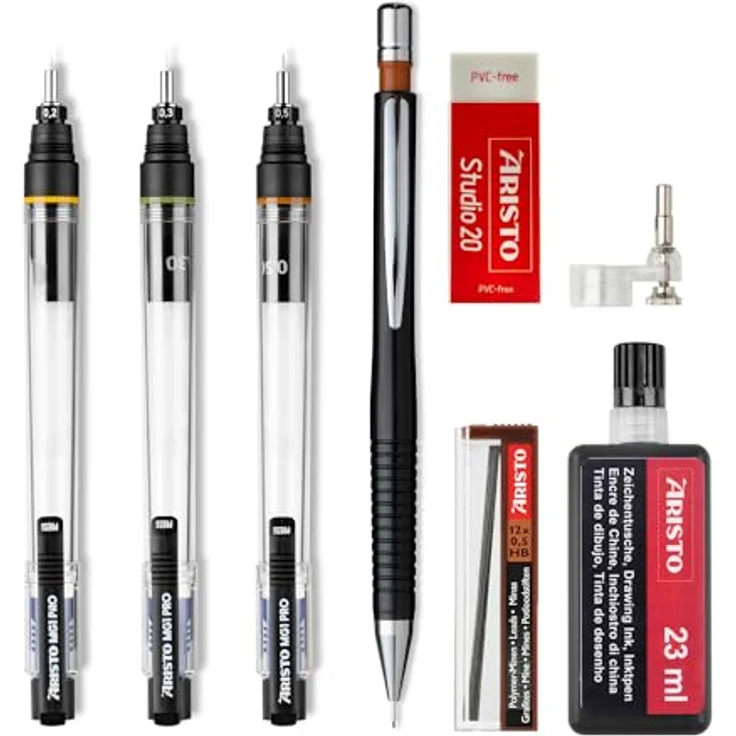 Aristo mg1 Tuschefüller Studio 3er-Set, 0.2/0.3/0.5 mm, 8-teilig, transparent mit Feinminenstift und Nachfülltusche – Bild 3