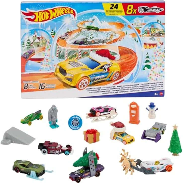 Hot Wheels Adventskalender 2024, 8 Autos im Maßstab 1:64, winterliche Zubehörteile, Spielmatte, HTG00 - Preisvergleich
