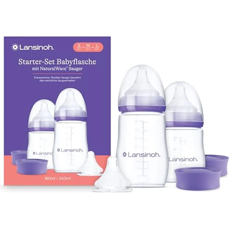 Lansinoh Starter-Set mit 2 PP Flaschen (160 ml & 240 ml), 3 Natural Wave® Trinksaugern (Gr. S, M & L), inkl. Anti-Kolik-Ventil, für sanften Übergang zwischen Stillen und Flasche – Bild 1