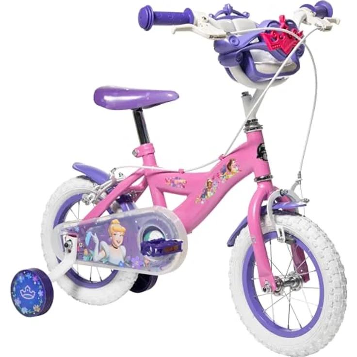 Huffy Disney Princess Kinderfahrrad, 12 Zoll, rosa mit abnehmbaren Stützrädern und Puppenträger