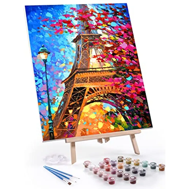 digitCUBE Malen nach Zahlen Set 40x50cm auf Rahmen mit Staffelei (Eiffelturm mit Staffelei, 40x50cm)
