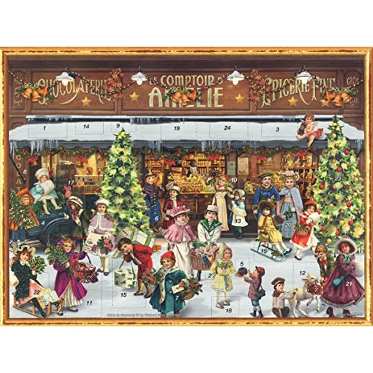 Richard Sellmer Verlag Nostalgischer Adventskalender aus Papier mit Bildern und Glitzer für Kinder und Erwachsene "Viktorianischer Laden" - Vintage Weihnachtskalender 26,5 x 35,5 cm