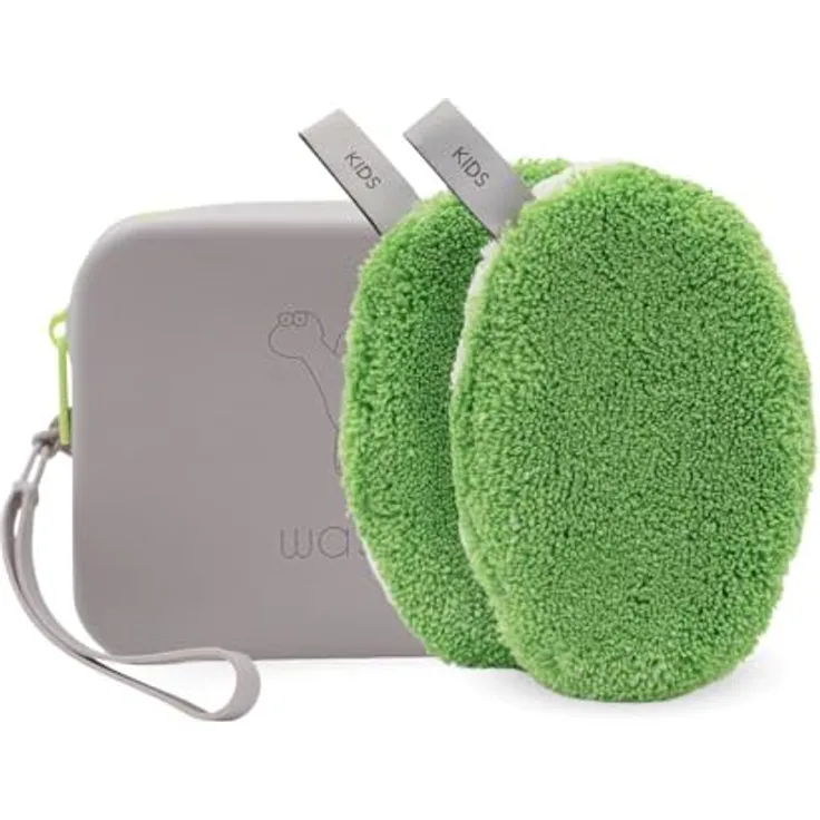 waschies Travel Set Kids, nachhaltige & wasserabweisende Aufbewahrungstasche mit hypoallergenen wiederverwendbaren Waschpads, OEKO TEX zertifiziert, grün