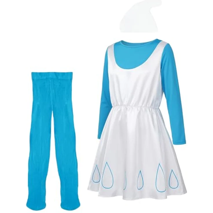 Metamorph Die Schlümpfe – Schlumpfine Kostüm (XL), knielanges Kleid mit Klettverschluss, inklusive Zipfelmütze und Strumpfhose, 100% Polyester, weiß und hellblau – Bild 2