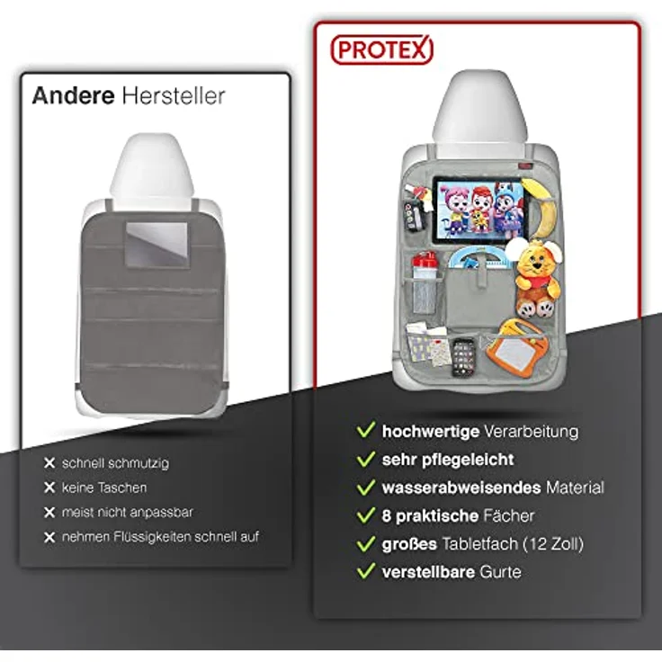 PROTEX© Rückenlehnenschutz Organizer, 2 in 1 Autositzorganizer mit 12 Zoll Tablet Fach und 8 Fächern, grau – Bild 3