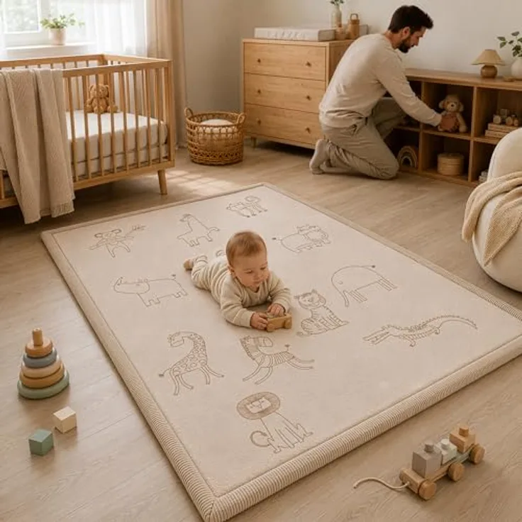 Sanosoft® Krabbelteppich für Babys – Rutschfeste & Kuschelige Spielmatte, Schadstoffgeprüft, Öko-Tex zertifiziert, Motiv Afrika, 120x170cm
