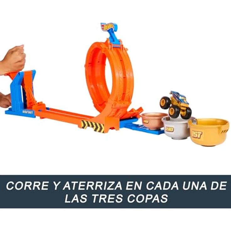 Hot Wheels Monster Trucks Loop & Flip Challenge, Autorennbahn mit 2 Spielmöglichkeiten, Bigfoot Die-Cast im Jubiläumsdesign, 1:64 Maßstab – Bild 2