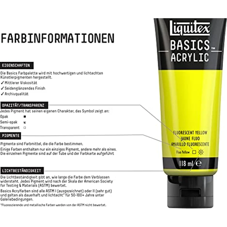 Liquitex Basics Acrylfarbe Gelb Fluo – 118ml Tube, lichtecht, mittlere Viskosität, seidenglänzend, monopigmentiert, Archivqualität – Bild 3