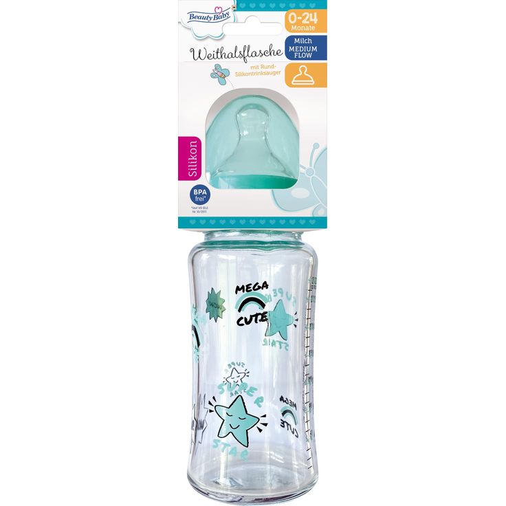 Beauty Baby Glas-Weithalsflasche 230 ml, hygienische Babyflasche aus Glas mit zufälliger Farbauswahl