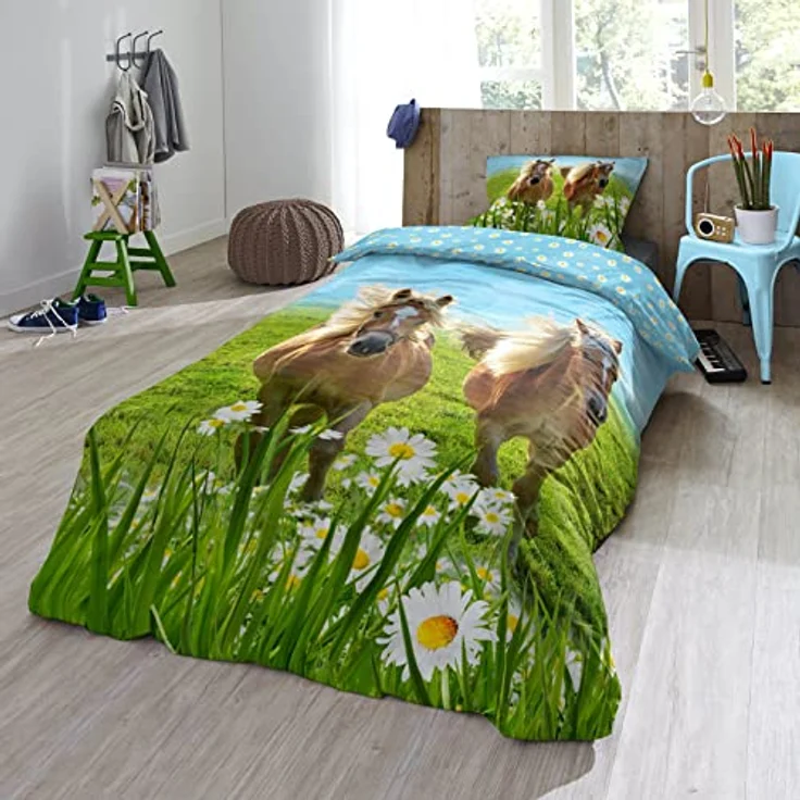 ESPiCO Bettwäsche Trendy Bedding Pferd Koppel Galoppieren Blumen Geblümt Bunt Renforcé, 100% Baumwolle, Kinderbettwäsche, 2-teilige Wendebettwäsche, 135x200 cm – Bild 5