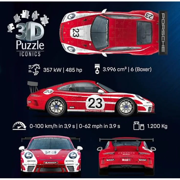 Ravensburger Iconics Porsche 911 GT3 Cup Salzb., 3D-Puzzle Modell mit 108 Puzzleteilen und hohem Deko-Wert, 7,00 cm x 21,50 cm x 27,50 cm – Bild 5