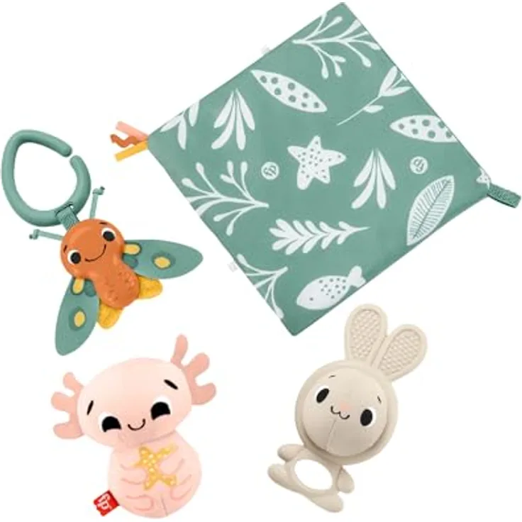 Fisher-Price® Greifspielzeug Geschenkset Sensorische Erlebnisse, 4-teiliges Set mit BPA-freiem Häschen-Beißring, Axolotl, Motten-Rassel und Knittertuch