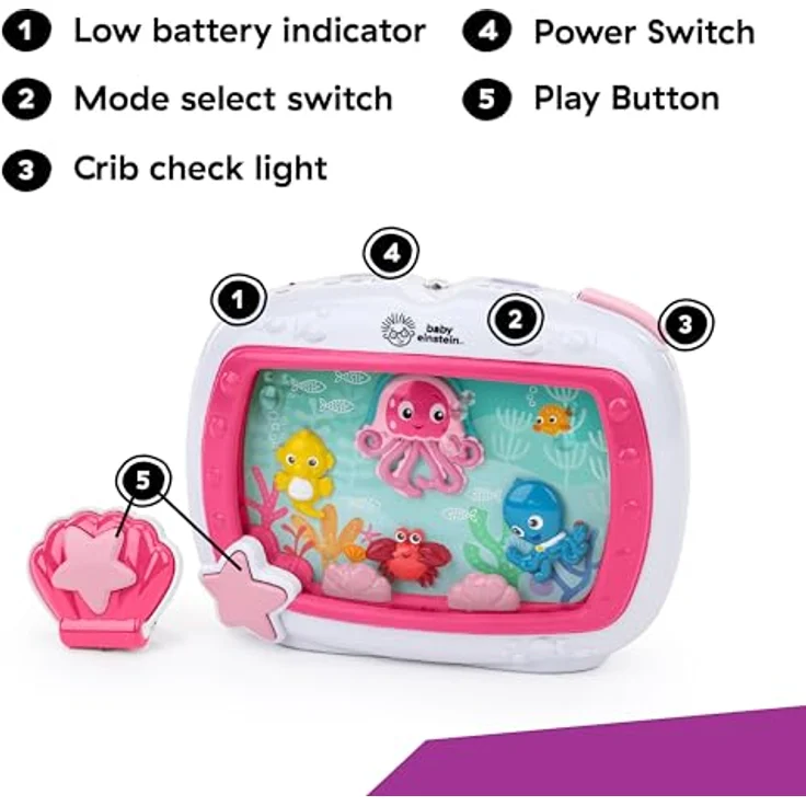 Baby Einstein Sea Dreams Soother, Einschlafhilfe mit 25 Min. Musik & Ozeanklängen, Fernbedienung, rosa – Bild 3