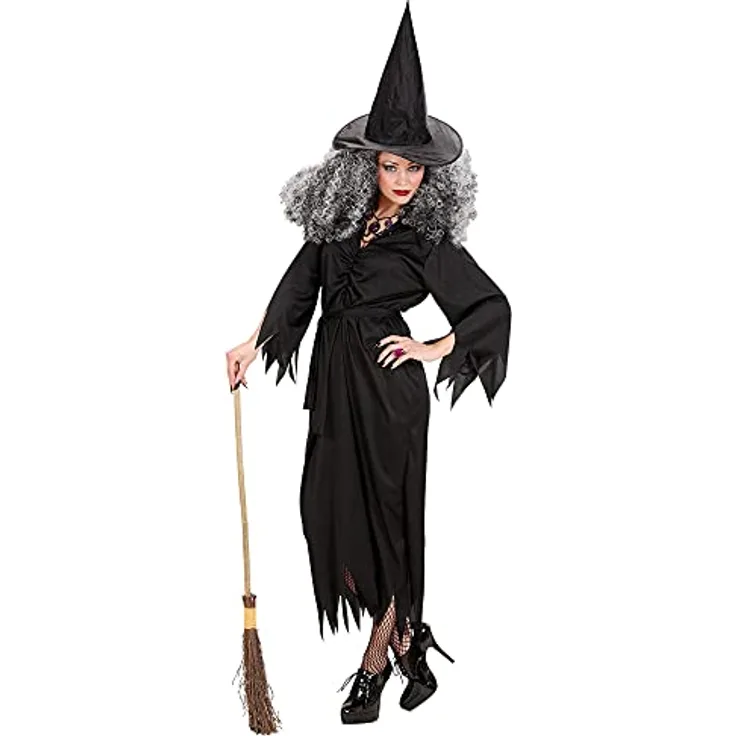 W WIDMANN MILANO Party Fashion Kostüm Hexe, schwarzes Kleid mit gezacktem Saum und Hexenhut, Größe XL für Halloween und Karneval