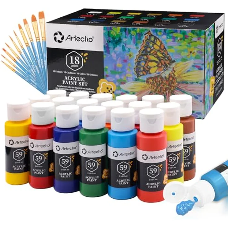 Artecho Acrylfarben Set 18 x 59ml, Wasserfest, Lichtecht, Ungiftig, Ideal für Leinwand, Papier und Stoffe, inkl. 10-teiligem Pinsel, für Anfänger und Profis – Bild 1