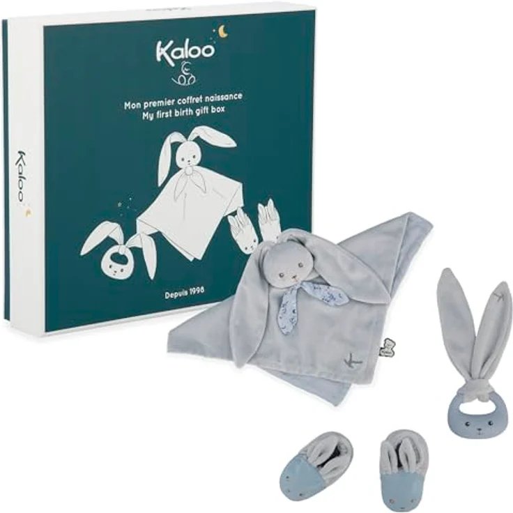 Kaloo Geburtsgeschenkbox, Baby Geschenkset blau mit Schmusetuch, Beißring und Babyschuhen, hypoallergen – Bild 1