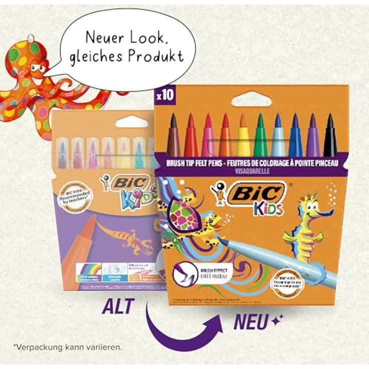 BIC Filzstift Fasermaler mit Pinselspitze, 10 leuchtende Farben für Kids, Visaquarelle – Bild 2