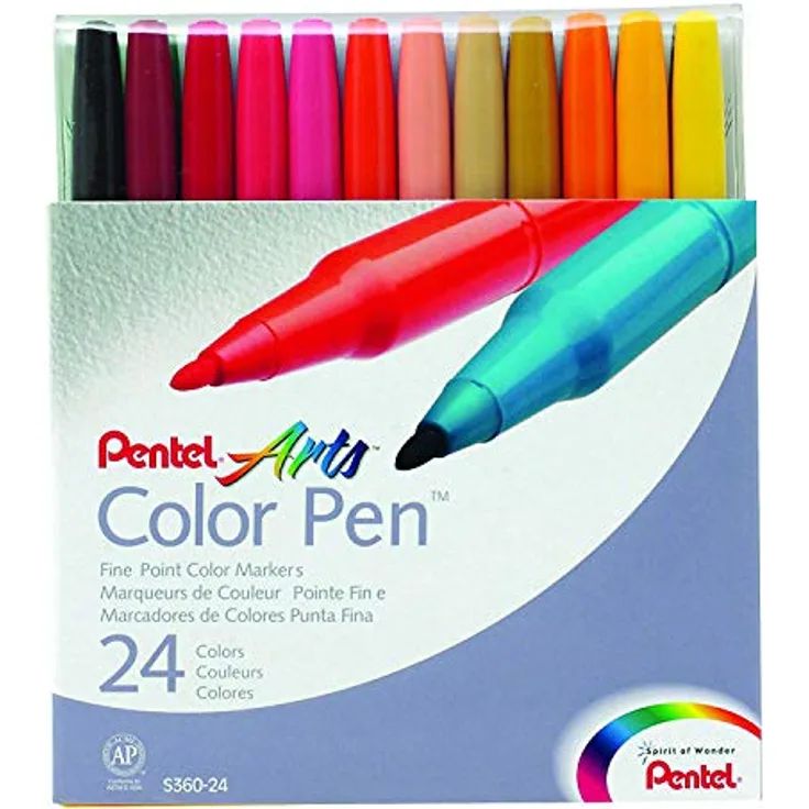 Pentel S360-24 Faserschreiber Colour Pen 24er Set sortiert, feine Rundspitze, satten Farben, Strichstärke 0,5 - 2,0mm