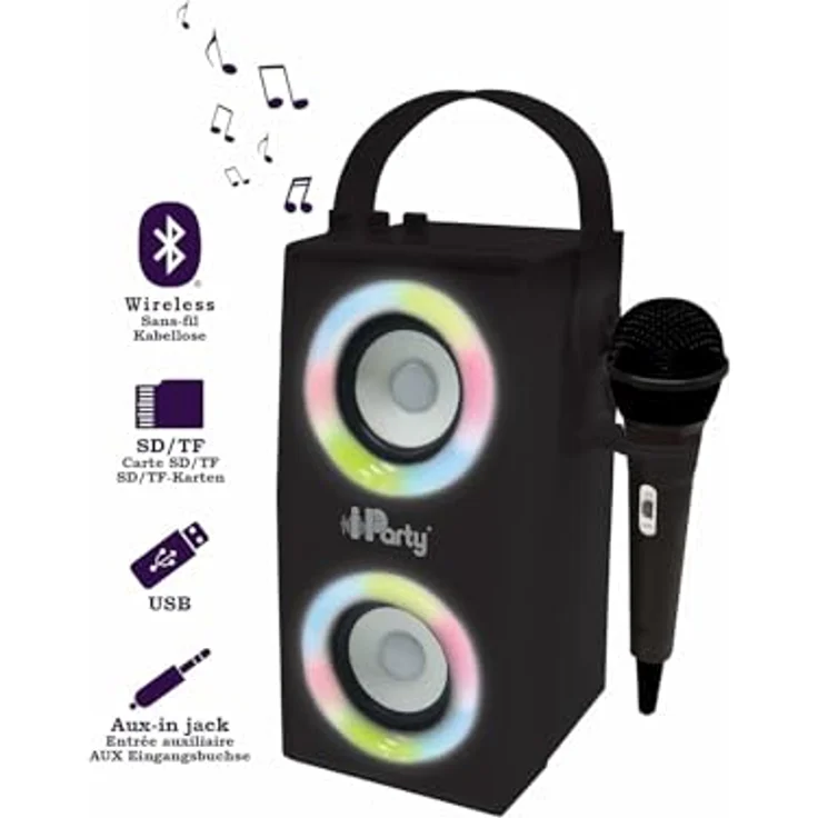 Lexibook BTP180BKZ Lautsprecher iParty-Tragbarer Bluetooth-Lichtlautsprecher mit Mikrofon, Stereoanlage, Lichteffekten, Karaoke, Kabelloser, USB, SD-Karte, Akku, Schwars, Schwarz – Bild 5