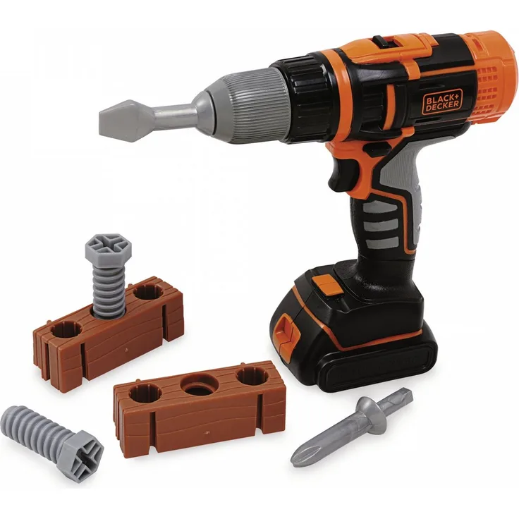 Smoby Spielwerkbank Black & Decker, mechanischer Akkuschrauber mit 2 Aufsätzen, für Kinder ab 3 Jahren