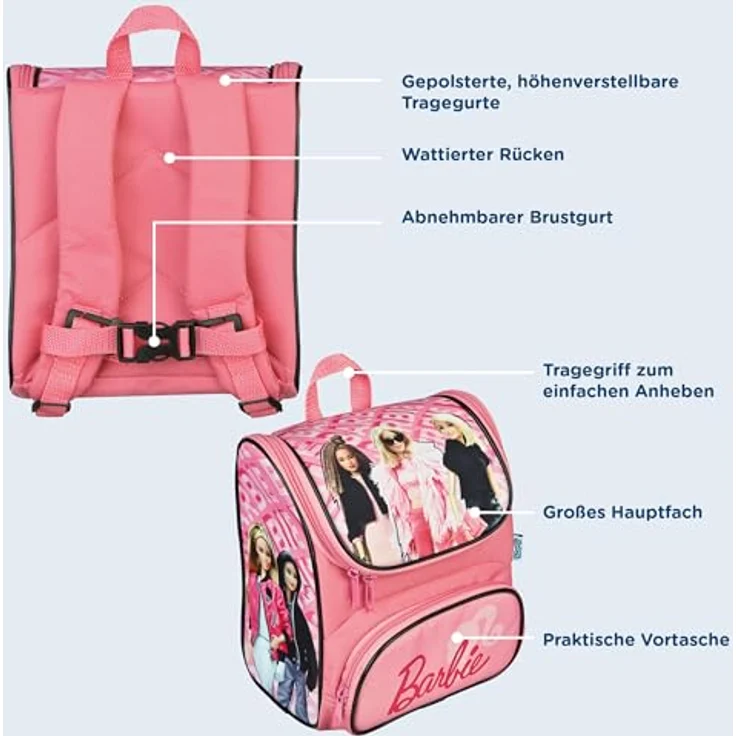 Scooli Vorschulranzen Cutie, Barbie im Design mit 6,5 l Volumen, gepolsterten Tragegurten und abnehmbarem Brustgurt – Bild 4