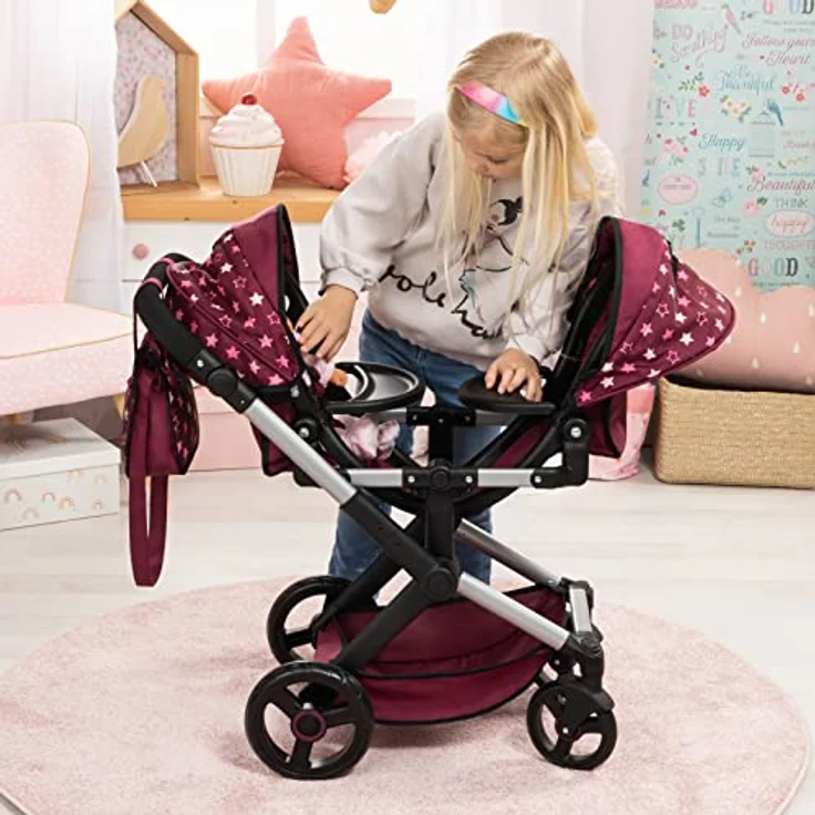 Bayer Puppen-Zwillingsbuggy Xeo Twin, bordeaux, mit verstellbaren Sonnenverdecken und Wickeltasche – Bild 5