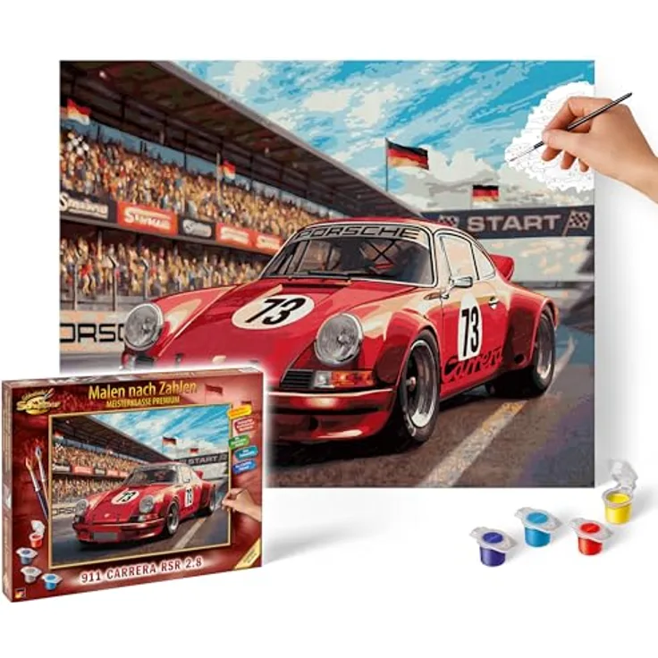 Schipper MNZ - Porsche 911 Carrera RSR 2.8, Malvorlage im Format 40 x 50 cm mit 36 Acrylfarben in Rot, detailreiche Motorsport-Darstellung