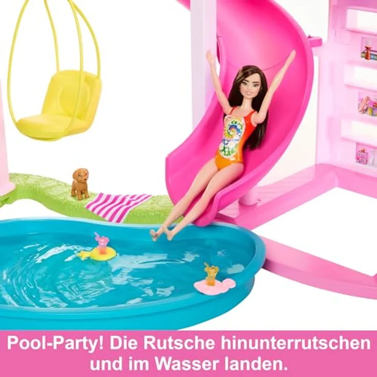 BARBIE - Traumvilla, Poolparty Puppenhaus mit mehr als 75 Teilen und Rutsche über 3 Etagen, Haustieraufzug und Spielbereiche für die Welpen, für Kinder ab 3 Jahren, HMX10 – Bild 4